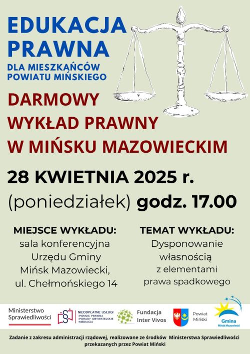 Na jasno zielonym tle kolorowe informacje. W górnym prawym rogu biala szala sprawiedliwości