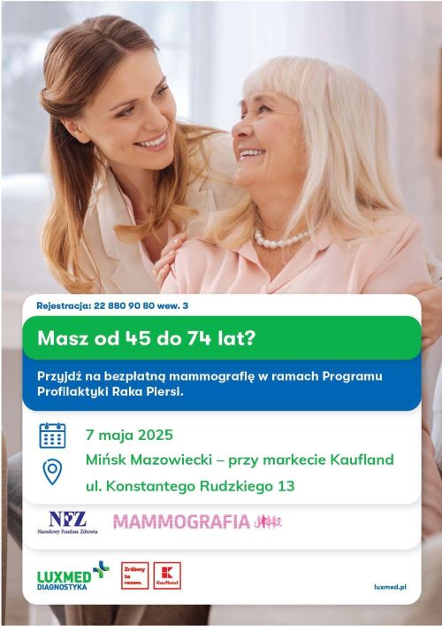 Na górze kobieta i seniorka patrzą na siebie zboku. Usmiechają się. Na dole kolorowe informacje
