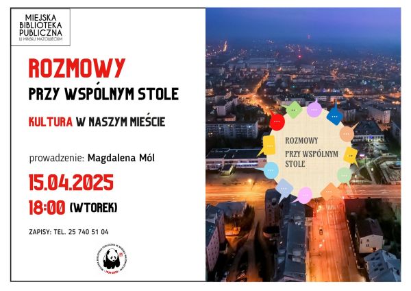 Po lewej na białym tle informacje. Po prawej zdjęcie miasta nocą. Po środku w małym kółku napis rozmowy przy współnym stole.