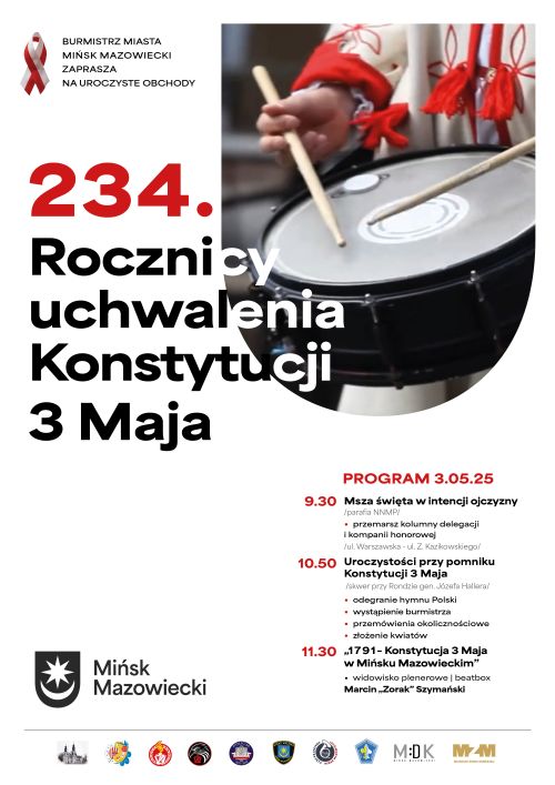 Na białym tle informacje. W górnym-prawym rogu zdjęcie pałeczek i bębenka. Na dole na białym tle loga
