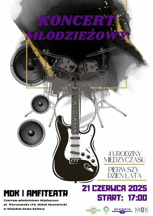 Na białym tle po środku instrumenty. Na górze po środku na czarnej plamie fioletowy napis koncert młodzieżowy.