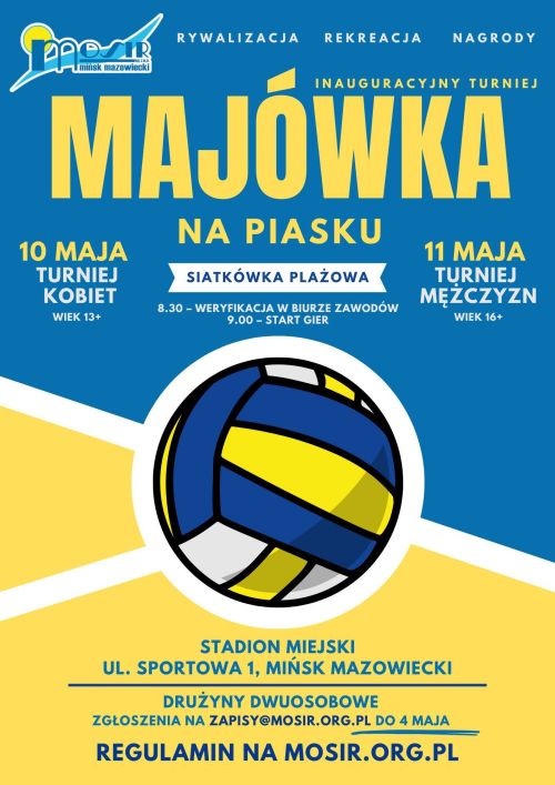 Podział na dwa kolory. Na górze niebieski, na dole żółty. Przedzielone białym grubszym paskiem. Po środku kolorowa piłka do...