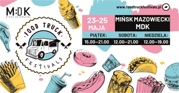 Na jasnym tle kolorowe rysunki lodów, szklanek, kubków ze słomkami, hot-dogów. Od lewej w kole zdjęcie food trucka