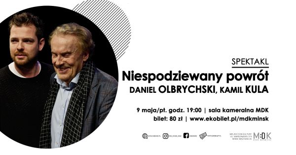 Po lewej w kole dwoch mężczyzn. Po prawej na jasnym tle informacje zawarte w treści
