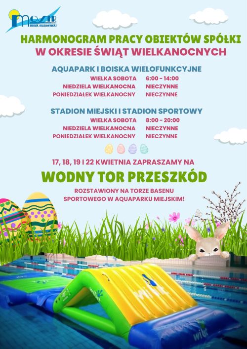 Na błękitnym tle informacje. Na dole tory basenowe z wodnym torem przeszków. Po lewej dwa kolorowe jajka.