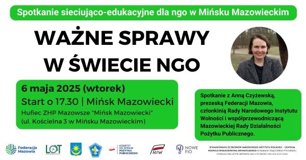 Na białym tle i w zielonych chmurkach informacje. Na dole loga. Po prawej w kole zdjęcie kobiety