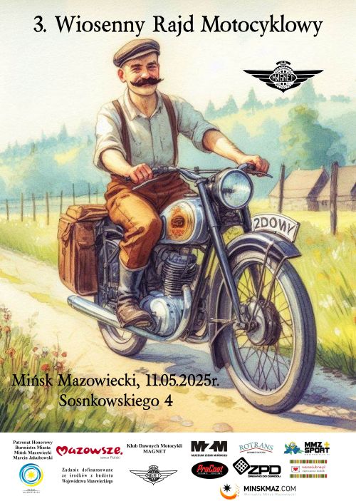 Rysunek mężczyzny na motorze. Jedzie piaskową drogą między polami. Naokoło informacje. na dole loga