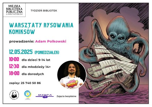 Po lewej na jasnym tle informacje. Po środku zdjęcie mężczyzny z brodą. Po prawej okładka z groźną ośmiornicą. Trzyma w...