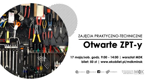 Po lewej w kole na ścianie wiszą kolorowe narzędzia. Po prawej na białym informacje
