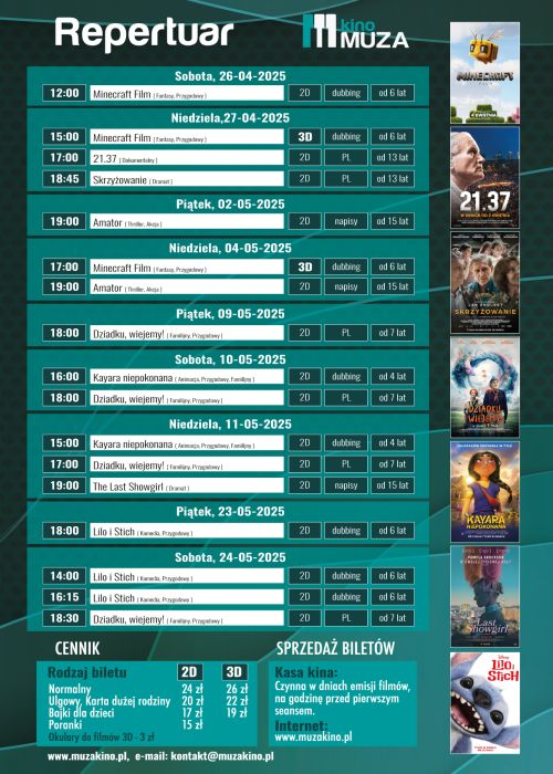Na ciemno-zielonym tle harmonogram filmów i wydarzeń. Na górze napis repertuar kina Muza, plakaty filmowe po prawej