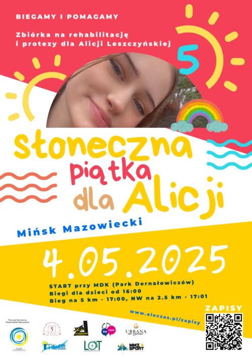 Na białym, żółtymi czerwonym tle kolorowe informacje. Na górze w półkolu zdjęcie twarzy dziewczyny.
