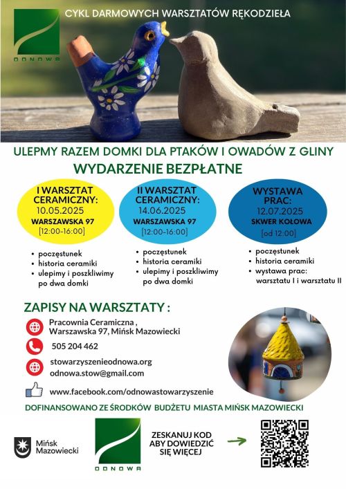 Na górze dwa gliniane ptaki. Po lewej niebeiski w białe kwiaty. Poniżej na białym tle informacje
