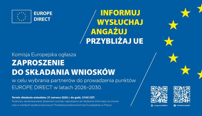 na granatowym tle białe i żółte napisy, z prawej strony siedem żółtych gwiazdek na planie półokręgu