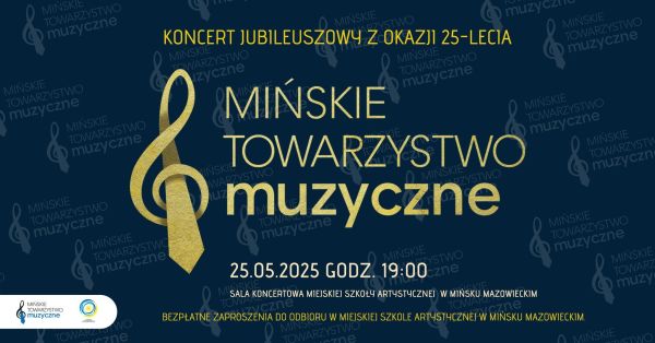 Na granatowym tle informacje. Po lewej motyw klucza wiolinowego w formie krawata.