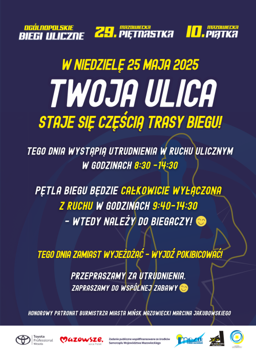 Na granatowym tle informacje. Na dole na białym pasku loga