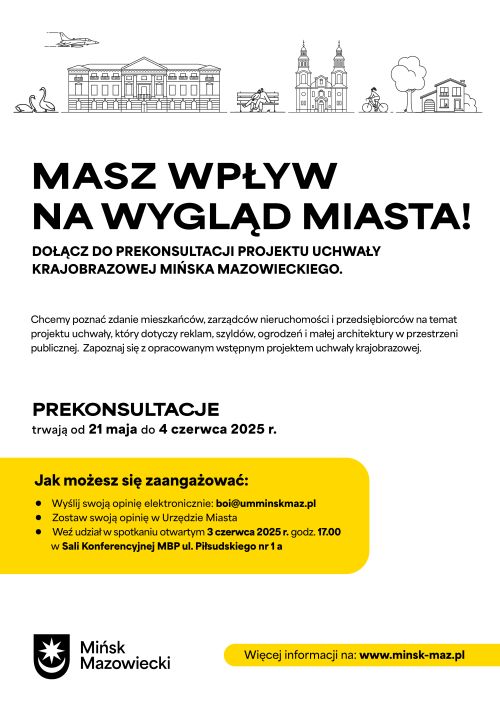 Na białym tle informacje. Na górze czarno-biała grafika. Poniżej na żółtym obszarze informacje