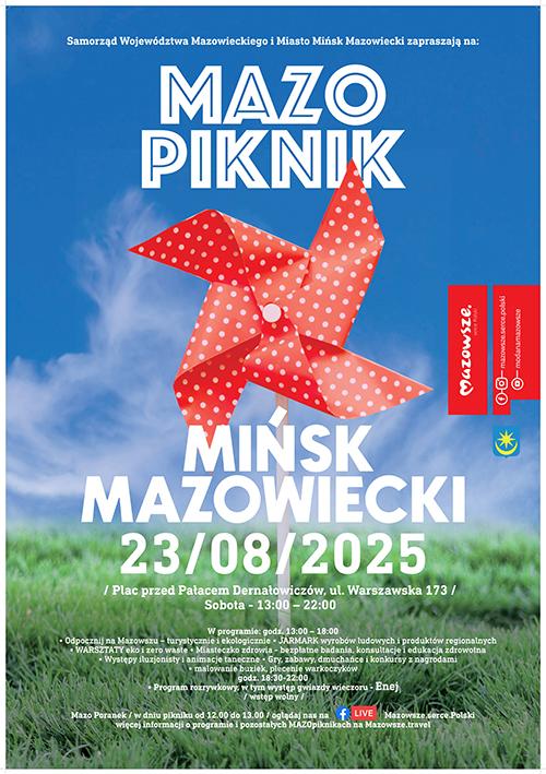 Po środku czerwony wiatraczek na patyku w białe kropki. W tle niebo i trawa. Naokoło na biało informacje