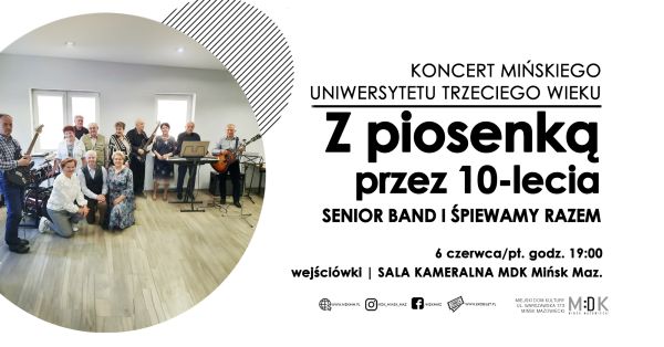 Po lewej w kole zespół z instrumentami. Oświetlona sala. Po prawej na białym informacje