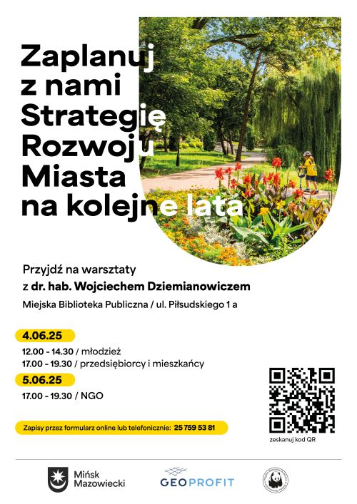 Na bialym tle informacje. Na górze, po prawej stronie zdjęcie parku latem. Dziecko w kasku i w żółtej koszulce jedzie na...