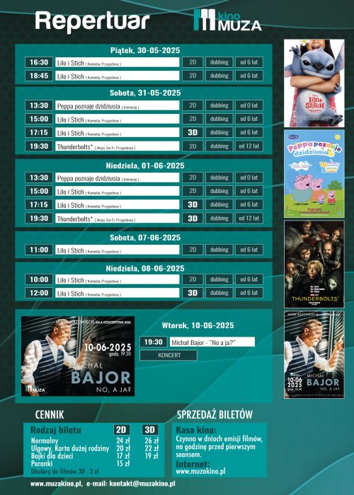 Na ciemno-zielonym tle harmonogram filmów i wydarzeń. Na górze napis repertuar kina Muza, plakaty filmowe po prawej