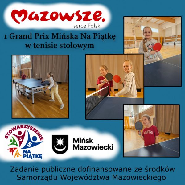 Na niebieskim tle w czterech kwadratach zdjęcie dzieci grających w tenisa stołowego. Na dole i górze informacje