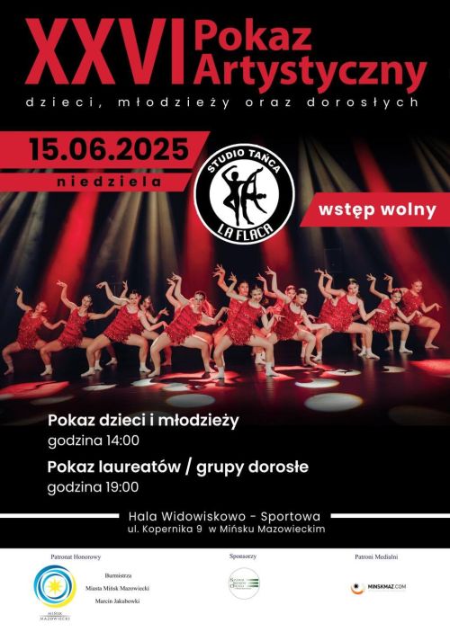 Na scenie oświetlonej na czerwono tańcerki w czerwonych strojach. Naokoło inforamcje. Na dole na białym tle loga