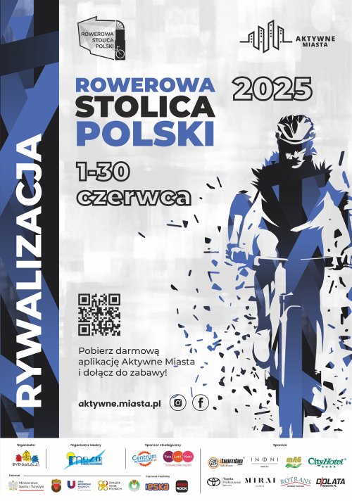 Na jasnym tle inforamacaje. Po prawej rysunek rowerzysty kreską czarną i fioletową. Na dole na białym loga