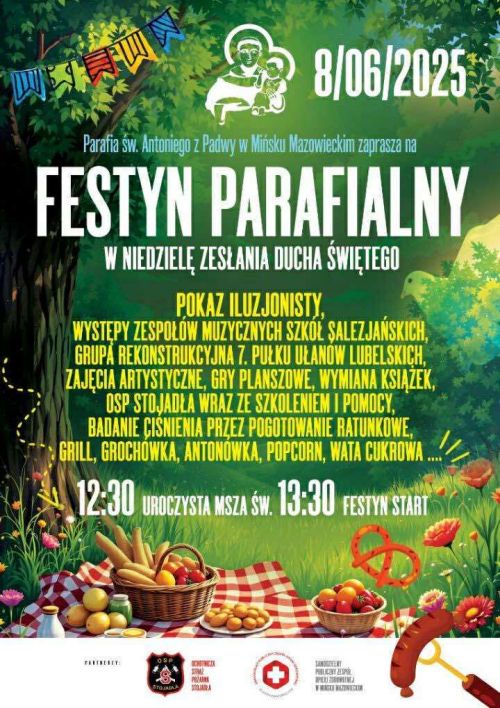 Na zielonym tle lasu i pikniku na trawie informacje. Na dole na białym tle loga
