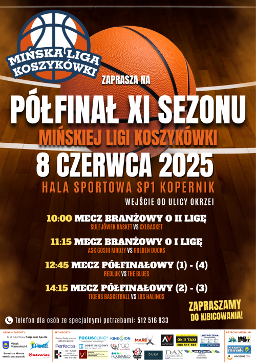 Na brązowym tle informacje. W tle piłka koszykowa