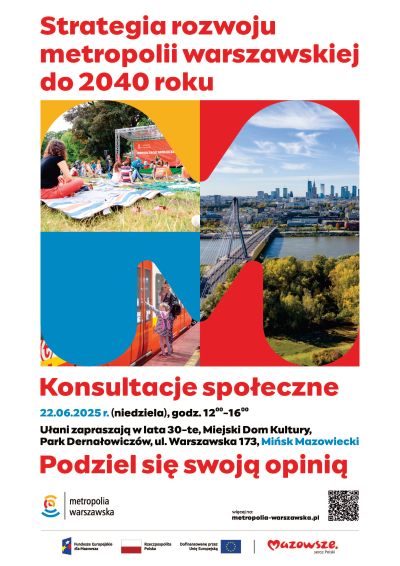 Na białym tle informacje. Po środku w kwadracie zdjęcia miesta, pikniku przed sceną i osób na peronie przed pociągiem