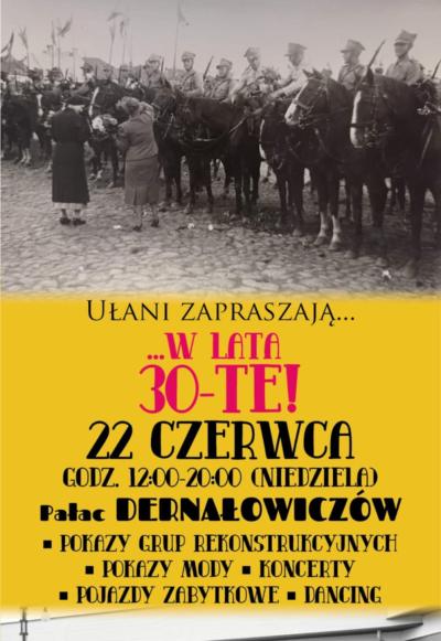 Na żółtym tle informacje. Na górze czarno-biale zdjęcie szpaleru żołenirzy na konaich. Przed nimi dwie kobiety