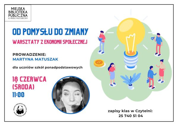 Na białym tle informacje. Po prawej w jasno-zielonej chmurce żarówka i naokoło rysunki ludzi. na dole w kole kobieta mruga...