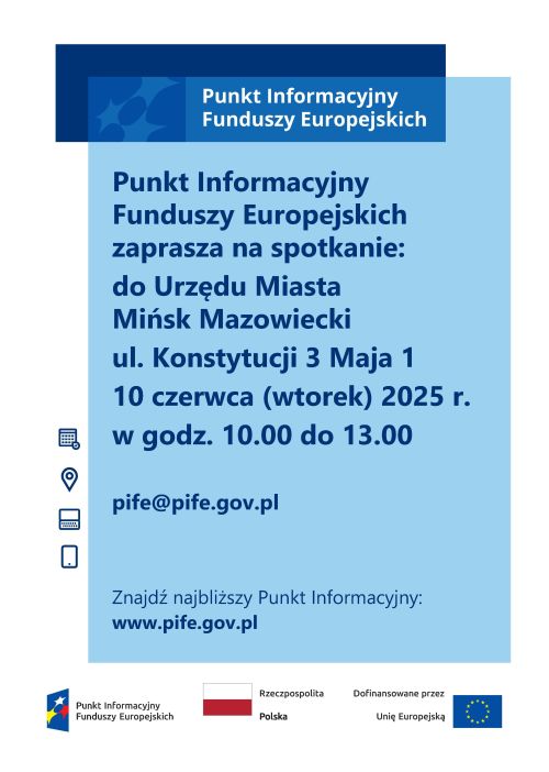 Na niebieskim tle informacje. Naokoło biała obramówka. Na dole loga
