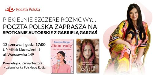Na białym tle informacje. Po prawej siedzi uśmiechnięta kobieta. Po środku na dole dwie książki