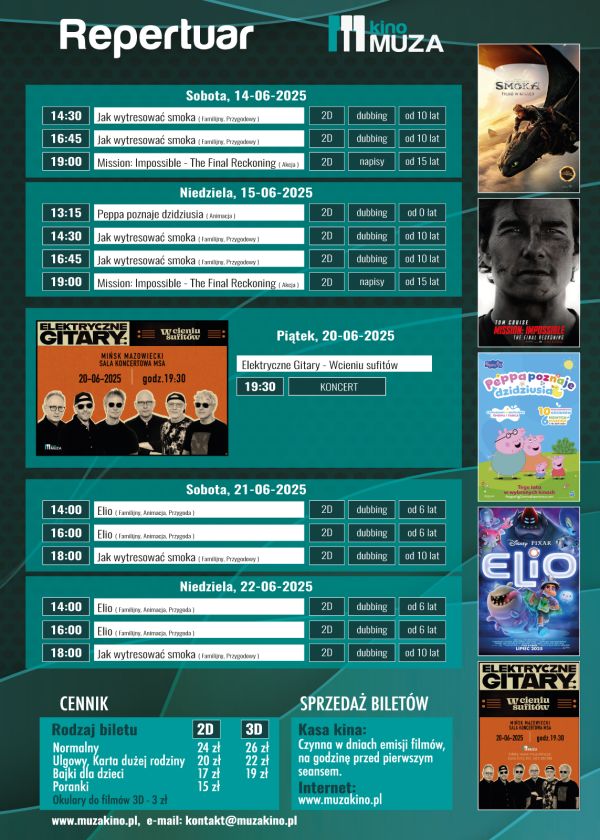 Na ciemnozielonym tle harmonogram filmów i wydarzeń. Na górze napis repertuar kina muza. Po prawej i na dole plakaty filmowe.