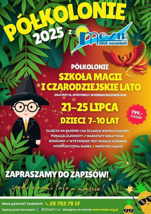 Grafika z czarodziejem w czapce i okularach, elementami roślinnymi i czarodziejskim ptakiem. Na środku informacje tekstowe.