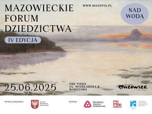 Na tle namalowanego obrazu przestawiającego wodę informacje. Na dole na białym pasku loga