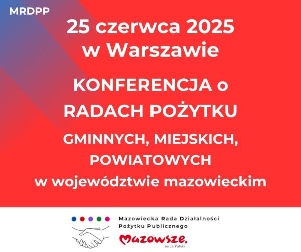 Na czerwonym tle informacje. Na dole na białym pasku loga