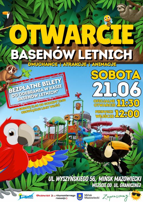 Kolorowy plakat. Po środku zdjęcie zjeżdżalni. Na górze i na dole rysunki liści tropikalnych i zwierząt papuga, lemur, tukan