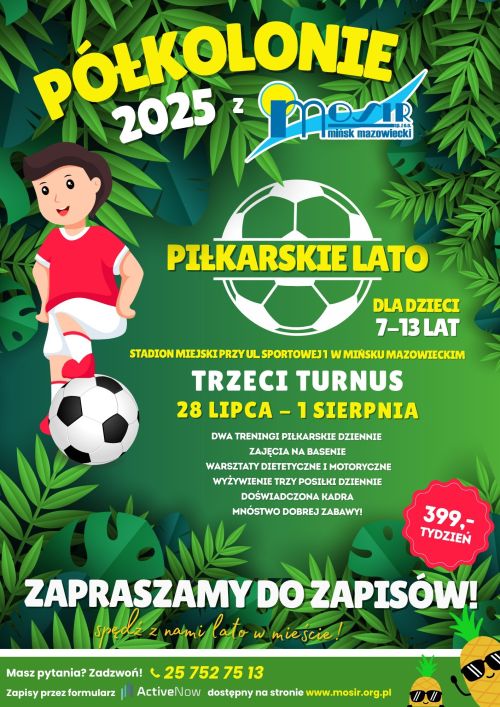 Na zielonym tle inforamcje. Na górze i dole liście tropikalne. Po lewej rysunek pilkarza w biało-czerwonym stroju. jedna...