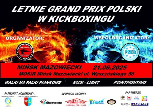 Na ciemnym tle po lewej pomarańczowa łuna ognia, po prawej niebieska. Naokoło informacje. Na dole na białym loga