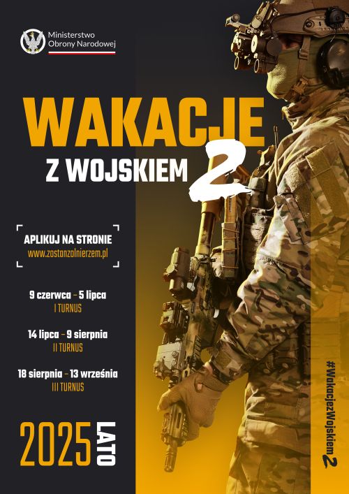 Po lewej na czarnym informacje. Po prawej na żółtym zdjęcie żołnierza z bronią