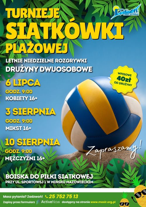 Na niebieskim tle piłka do siatki. Od góry dodołu informacje. Na górze i dole rysunek liści
