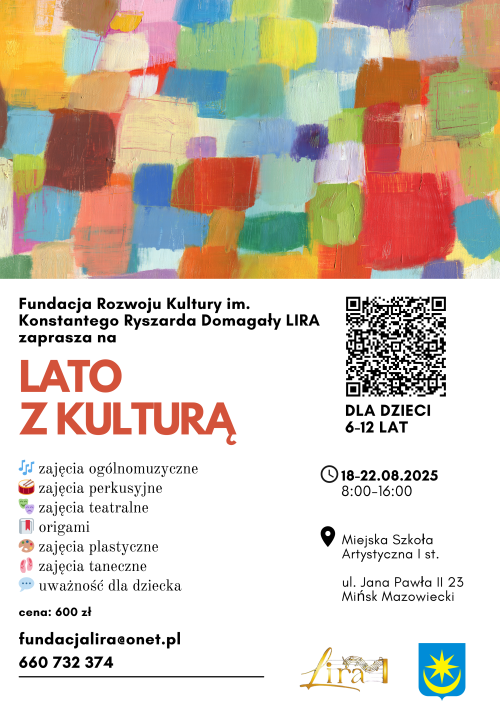 Na górze kolorowa, artystyczna grafika i kod QR oraz logotypy organizatorów i miasta.