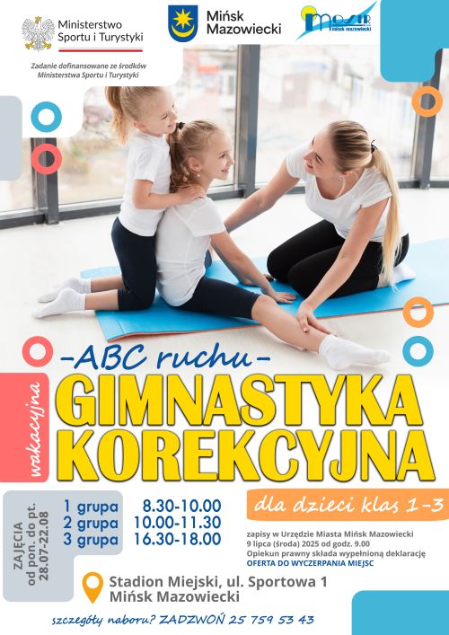 na górze zdjecie dwóch dziewczynej ćwiczączych na macie w towarzystwie instruktorki. Na dole kolorowe napisy.