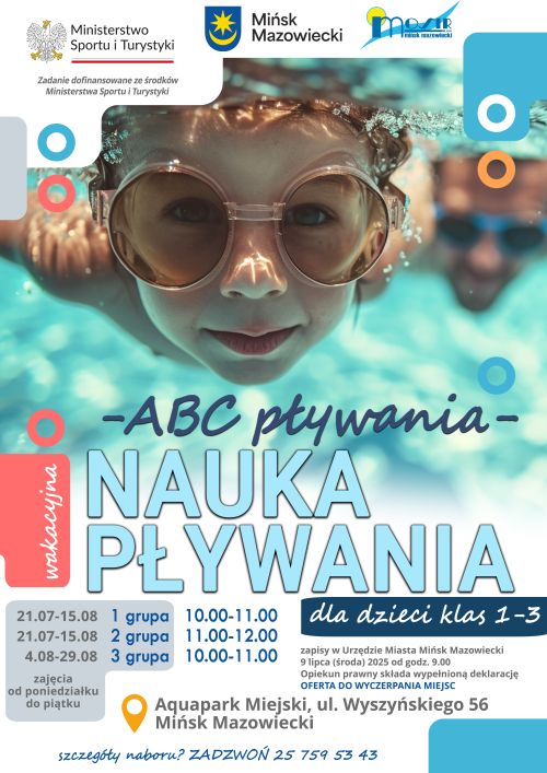 Na górze zdjęcie twarzy nurkującego dziecka w okularkach pływackich. Na dole kolorowe napisy.