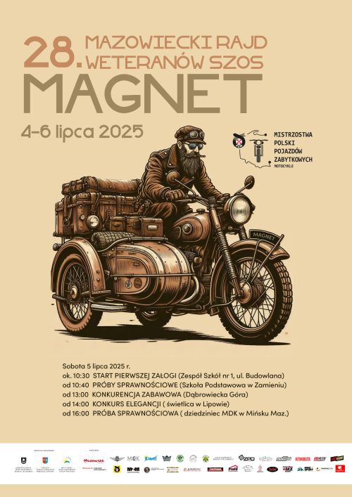 Na beżowym tle motocyklista na klasycznym motocyklu z wózkiem bocznym – retro klimat. Naokoło informacje.