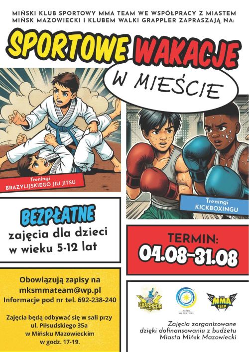 Komiksowy styl, z grafikami dzieci trenujących sporty walki. Naokoło informacje zawarte w artykule