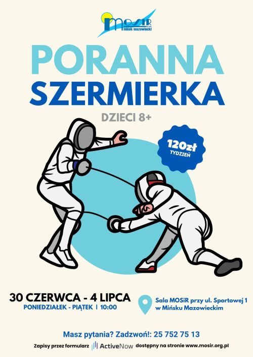 Na jasnym tle po środku niebieskie koło i na jego tle dwóch szermierzy. Naokoło informacje
