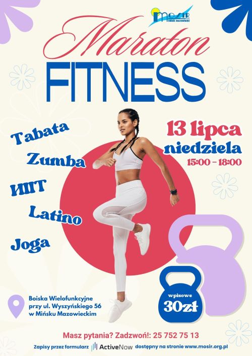Na jasnym tle po środku kobieta w stroju sporotwym uprawia fitness. Naokoło informacje.